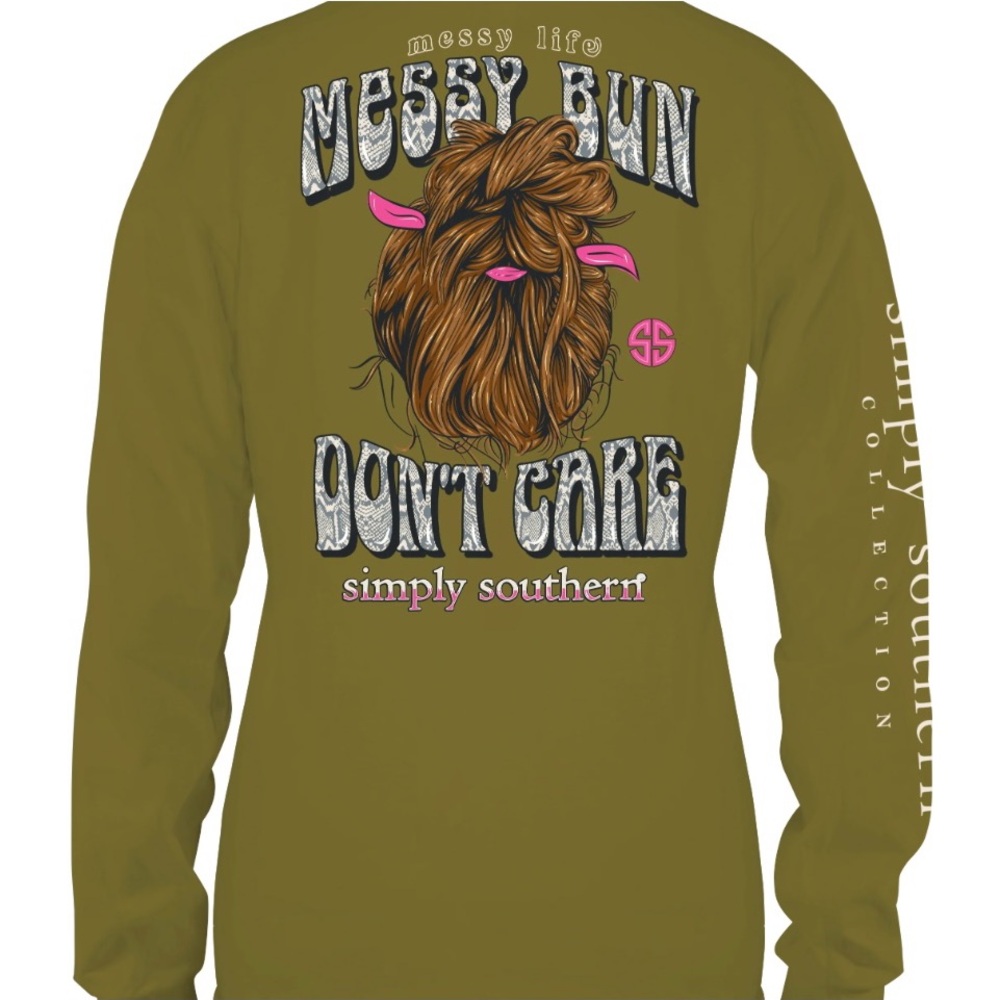 Simply Southern Messy Bun Don’t Care  Tee Hair Bun long sleeve shirt top